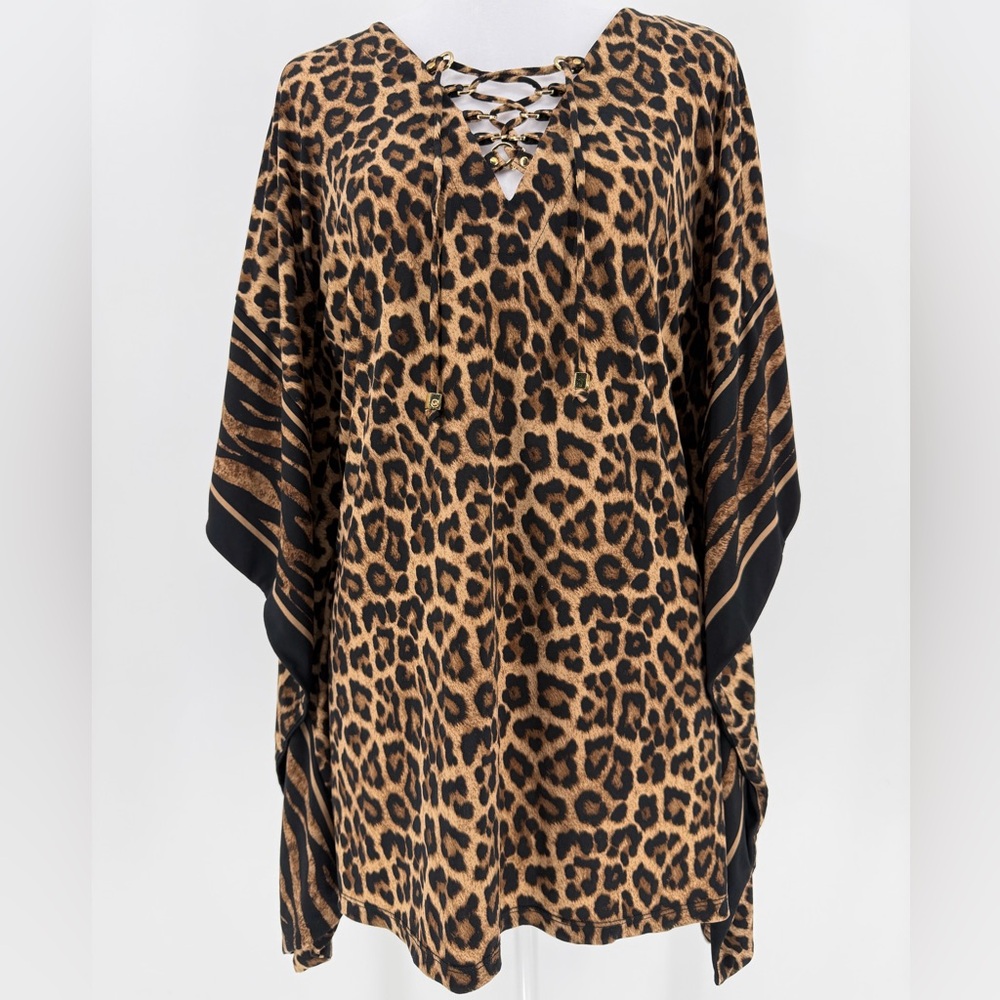 Michael Kors Leopard Print Lace-Up Blouse Top Size Small